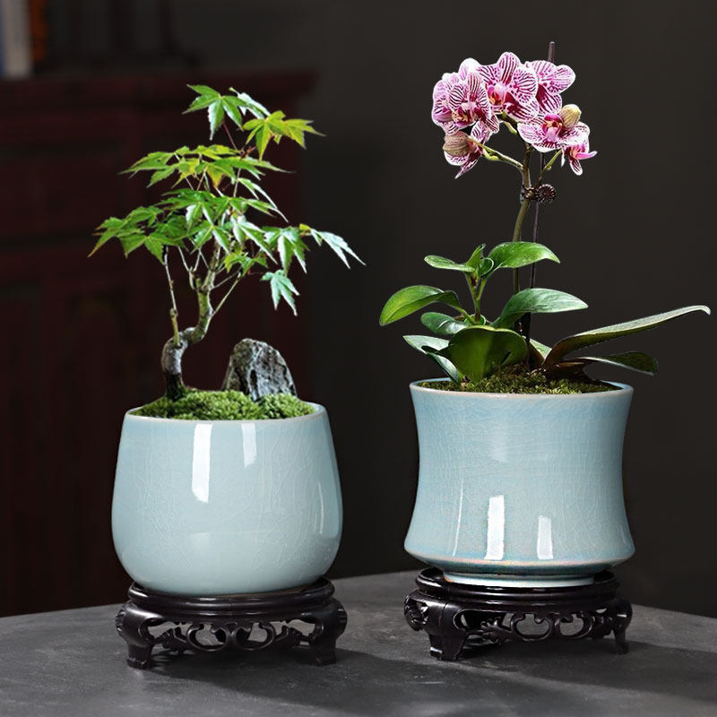特价陶瓷古韵小型花盆盆景创意文竹简约绿萝兰花菖蒲多肉盆栽带托