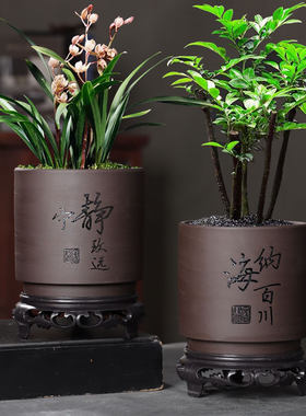紫砂粗陶透气大号花盆带托盘