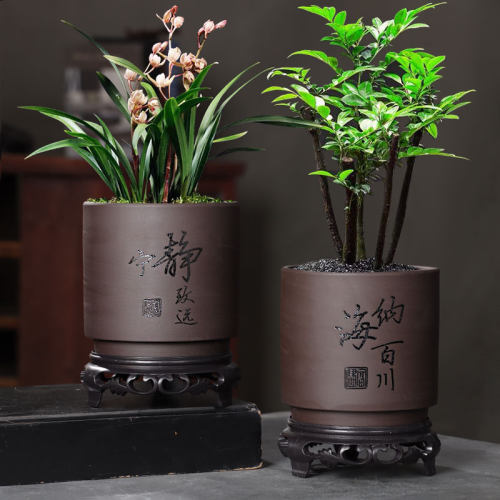 紫砂粗陶透气大号花盆带托盘