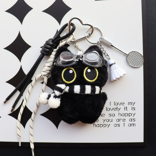 潮酷黑色猫咪毛绒钥匙扣挂件