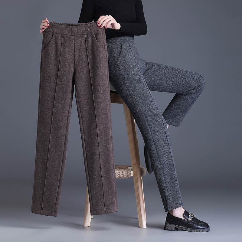 羊毛呢直筒裤女式高腰秋冬加绒加厚小个子中年妈妈显瘦中筒烟管裤