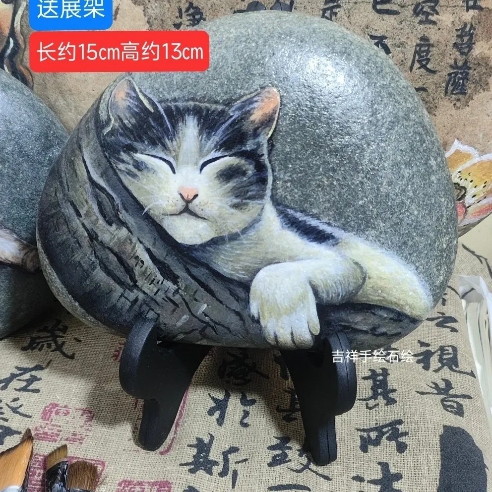 纯手绘生肖石头画成品 动物画不掉色高级摆件创意礼物送展架包邮