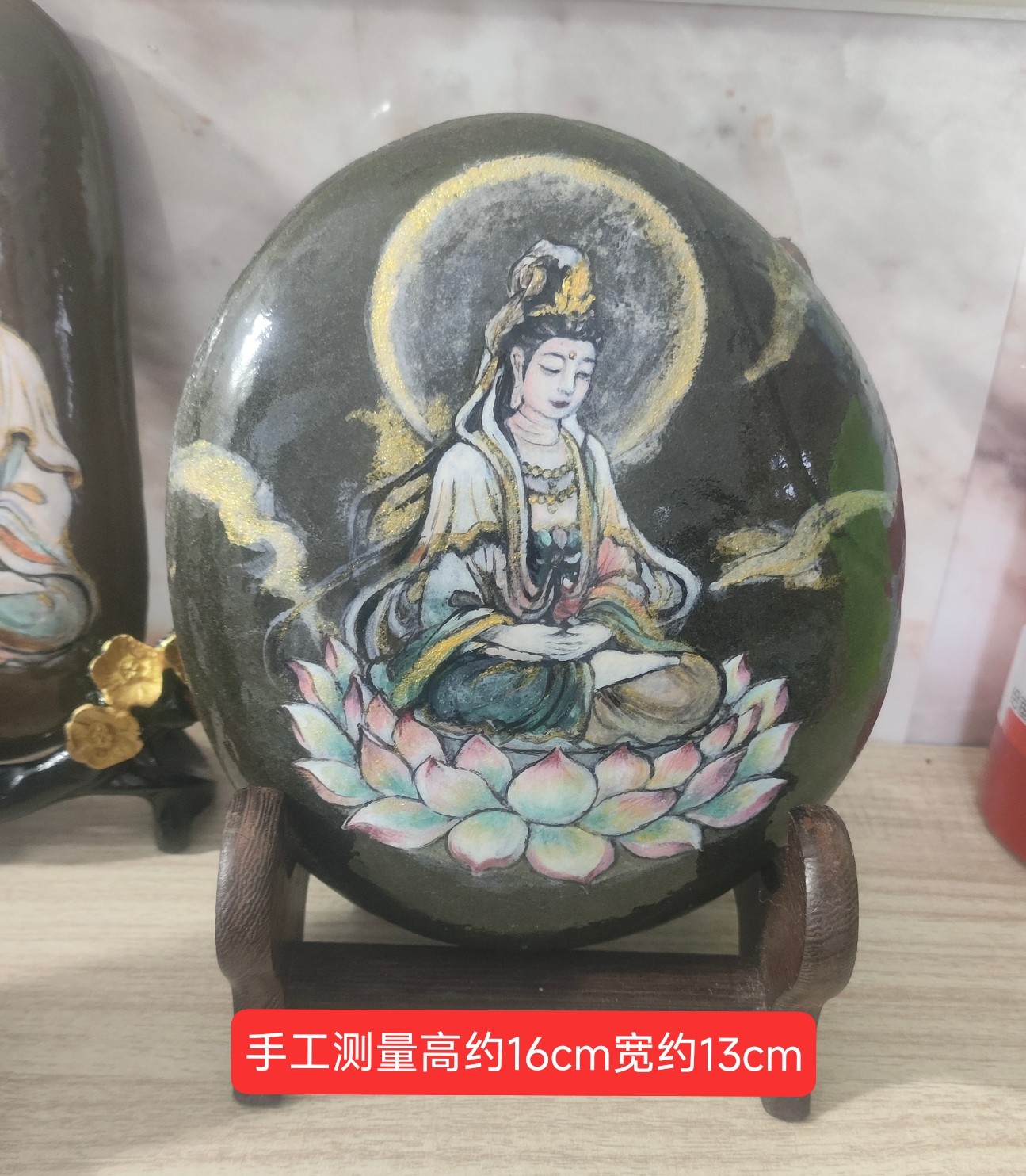 纯手绘坐莲观音菩萨石头画成品摆件创意礼物防水不掉色送展架