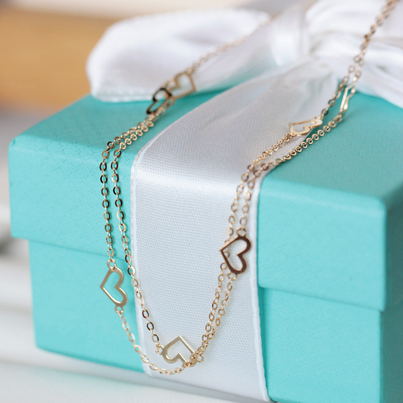 韩国14K金素金爱心双层脚链