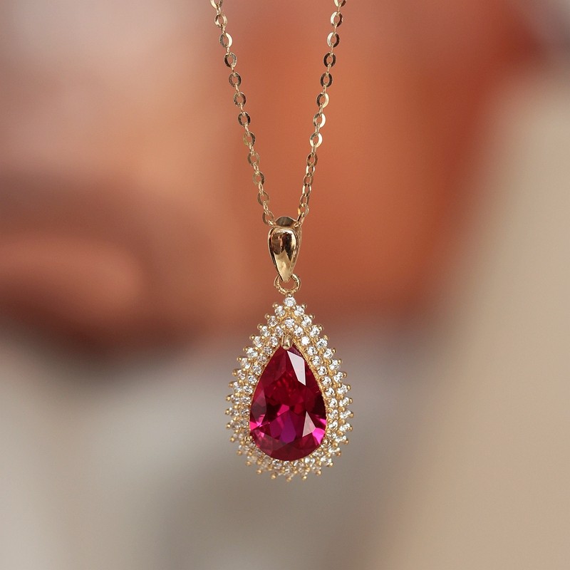订货 韩国纯14K金项链 轻奢满镶嵌红宝石色水滴锆石吊坠凤尾 礼物
