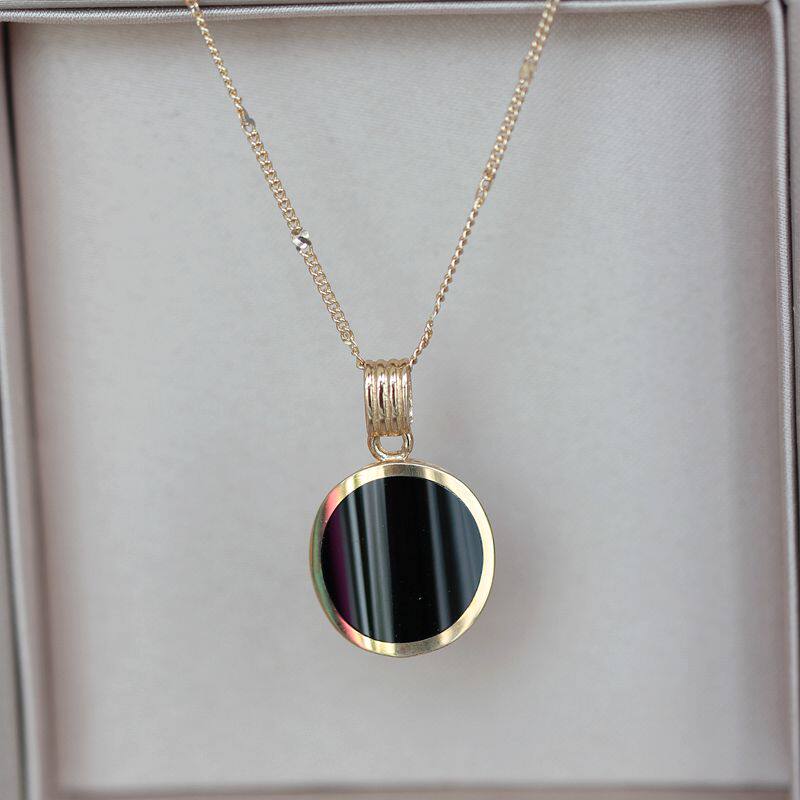 现货 兔兔韩国纯14K金吊坠女 简单光亮黑玛瑙坠子 方牌圆牌不含链