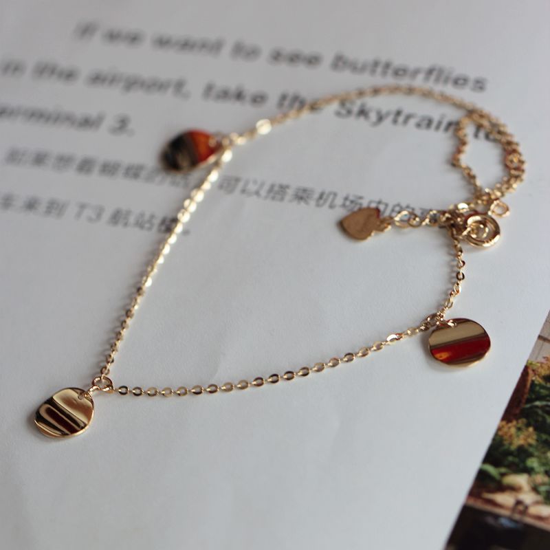 订货无折 韩国纯14K金脚链女 细细金链条凹凸圆片多坠脚链 不褪色