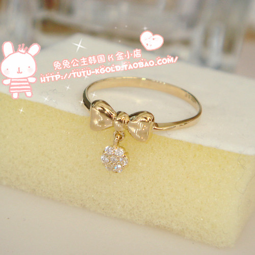 兔兔韩国14K纯金蝴蝶结戒指 少女小花坠指环蝶恋花包邮保修订货2
