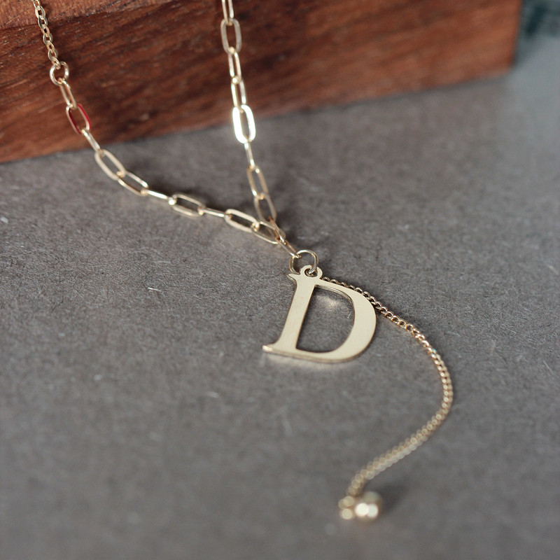 订货 韩国纯14k金拼接链条d字母项链女 素金质感时尚流苏坠子