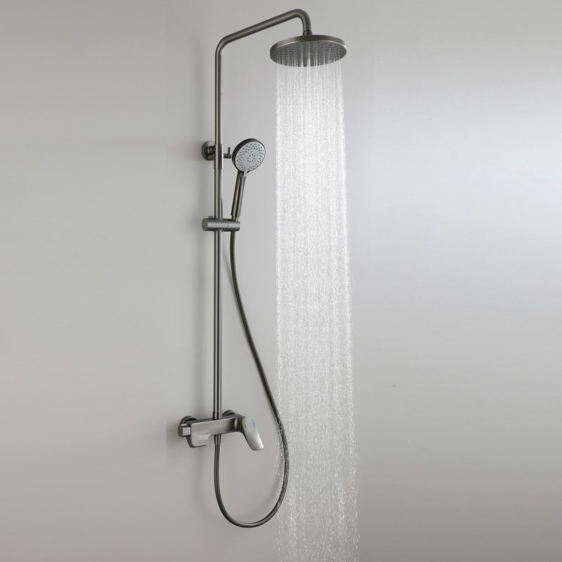 枪灰色拉丝水镀广东产壁挂式圆形淋浴花洒简单耐用洗澡冷热龙头