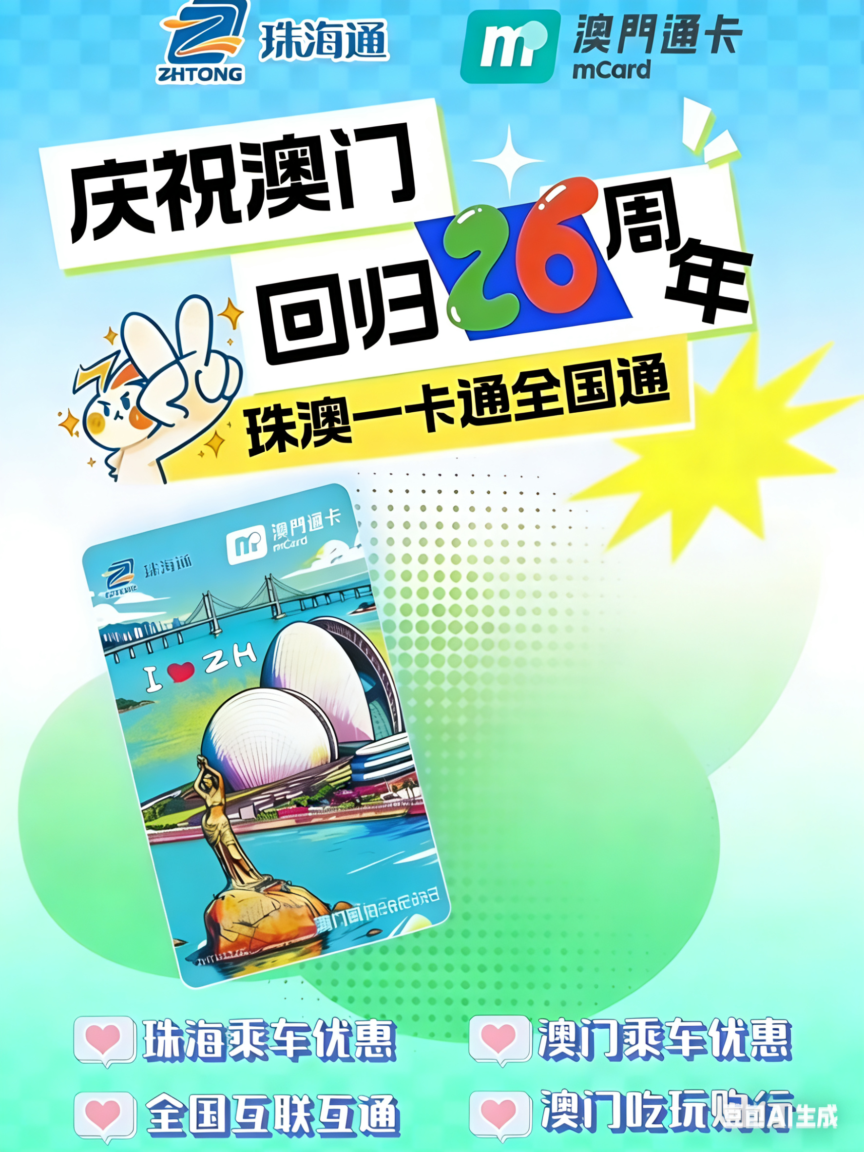 澳门回归26周年珠海澳门通全国通led灯版地铁公交巴士一卡通 一张