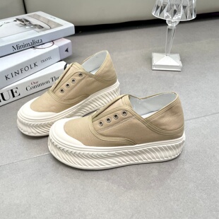 休闲板鞋 一脚蹬两穿厚底松糕鞋 子 女2026春夏新款 内增高7CM帆布鞋