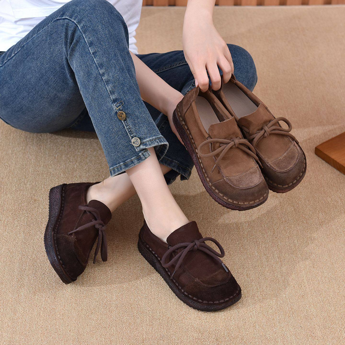 牛筋底单鞋女平底休闲女鞋春秋新款牛皮系带深口复古风软底皮鞋女,女鞋,休闲板鞋,淘宝优惠券,粉丝福利购,淘宝优惠卷