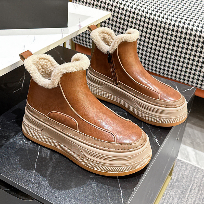 厚底雪地靴女2025冬季大棉鞋加绒加厚真皮防水松糕增高马丁靴短靴