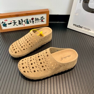 内增高5cm洞洞半拖鞋女2026夏季新款复古厚底懒人包头透气凉拖鞋