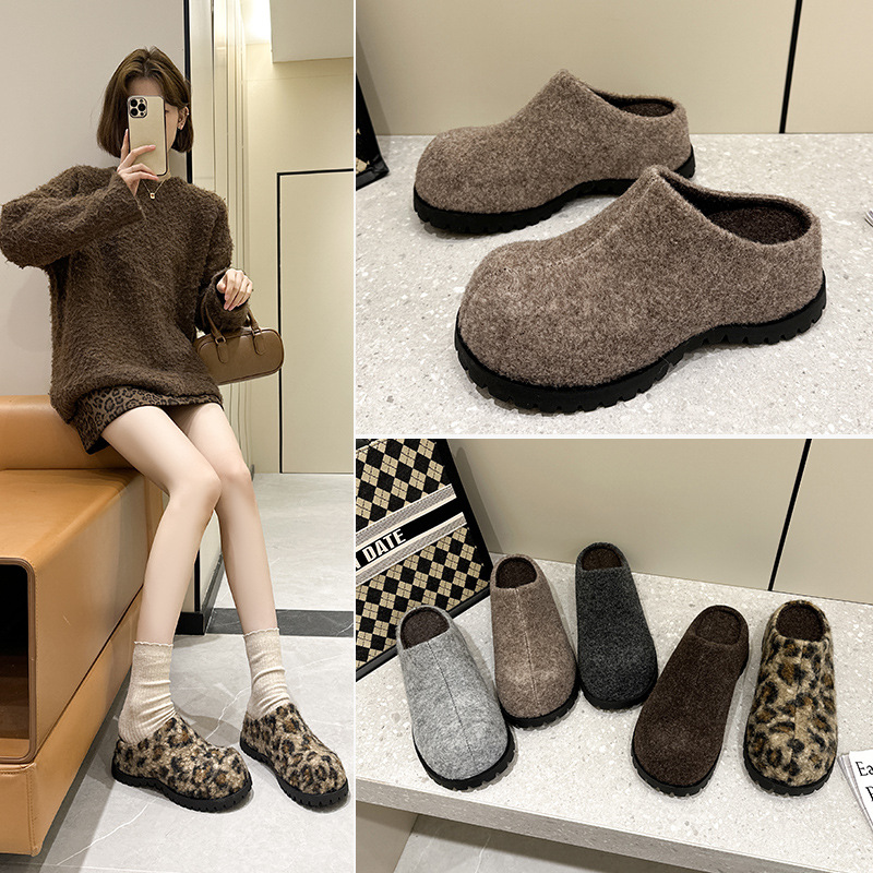 毛呢复古厚底毛毛拖鞋女外穿一脚蹬2025秋冬加绒保暖包头拖棉鞋子