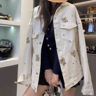 复古牛仔外套春装女款2025年新款刺绣小熊港风设计感宽松短款上衣