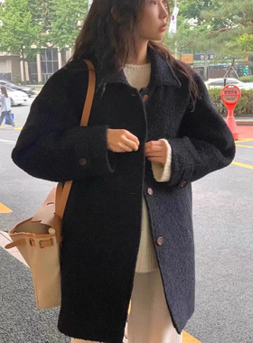 韩国东大门awear粉色米黄色单排扣羊驼毛羊毛大衣毛呢外套rumiru