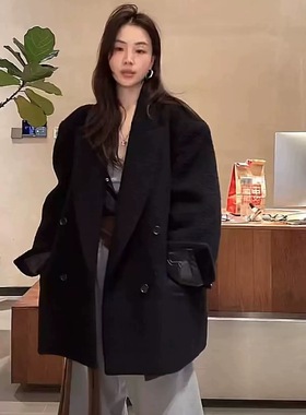 现货向日葵同款韩国东大门秋冬UNBOUND经典双排扣西装羊驼毛大衣