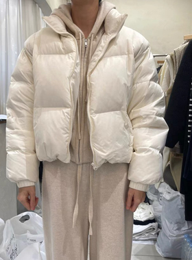 现货LEVASE韩国东大门正品冬款女装高领格子宽松短款面包羽绒服