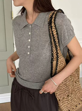 现货韩国东大门MUCH韩国2025款 亚麻天丝polo针织短袖T恤
