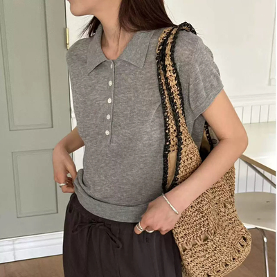 现货韩国东大门MUCH韩国2025款 亚麻天丝polo针织短袖T恤