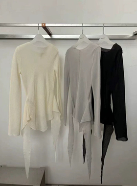 现货韩国东大门Londonflat2025春季时尚百搭不规则系带微透上衣