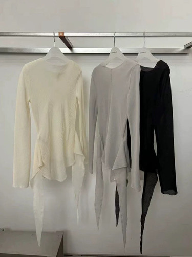 现货韩国东大门Londonflat2025春季时尚百搭不规则系带微透上衣