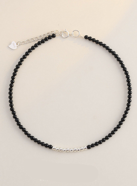 原创简约设计925纯银黑玛瑙珠项链女时尚极简小众手链脚链黑色款