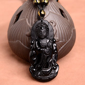 新款 本命佛项链随身平安 黑曜石观音菩萨吊坠天然玉石守护神男女款