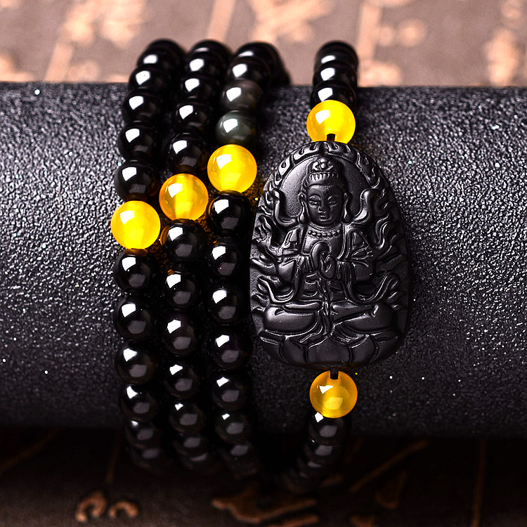 黑曜石大日如来手链生肖羊猴本命佛八大守护神男女佛珠手链串