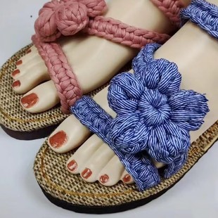 拖鞋 抖音同款 底泡芙花凉鞋 diy手工布条线夏季 编织线材料包 亚麻鞋