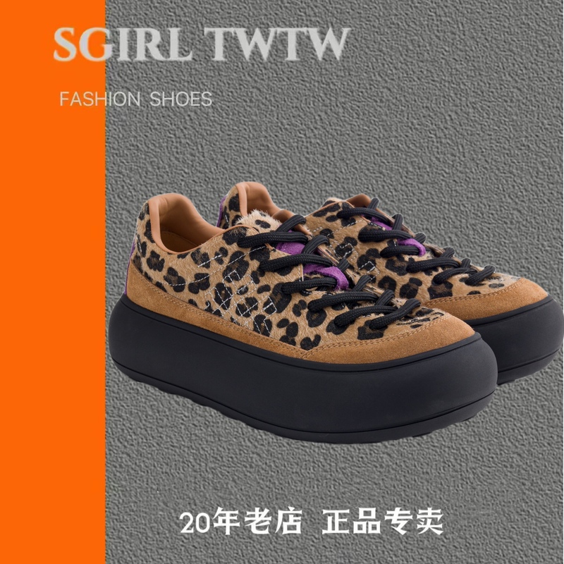 SGIRL TWTW豹纹厚底鞋新款大头松糕加绒板鞋美式复古格子面包鞋女