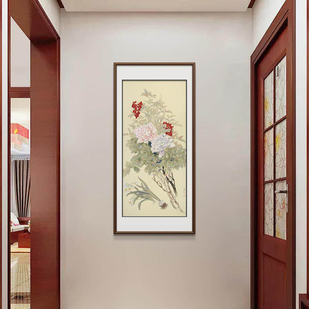 新中式玄关装饰画竖版牡丹画挂画国画走廊客厅餐厅工笔花鸟画