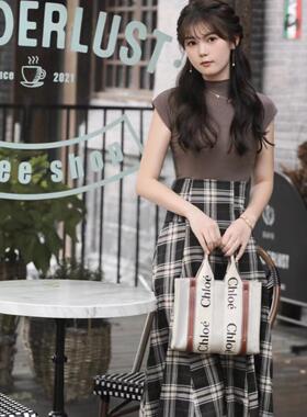 现* 花糖家 日系高级定制GRL家假两件后系带高腰格纹连衣裙rut934