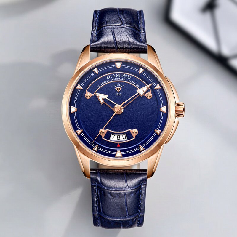 上海钻石牌男生手表个性日历夜光自动机械表男士休闲玫瑰金机械表