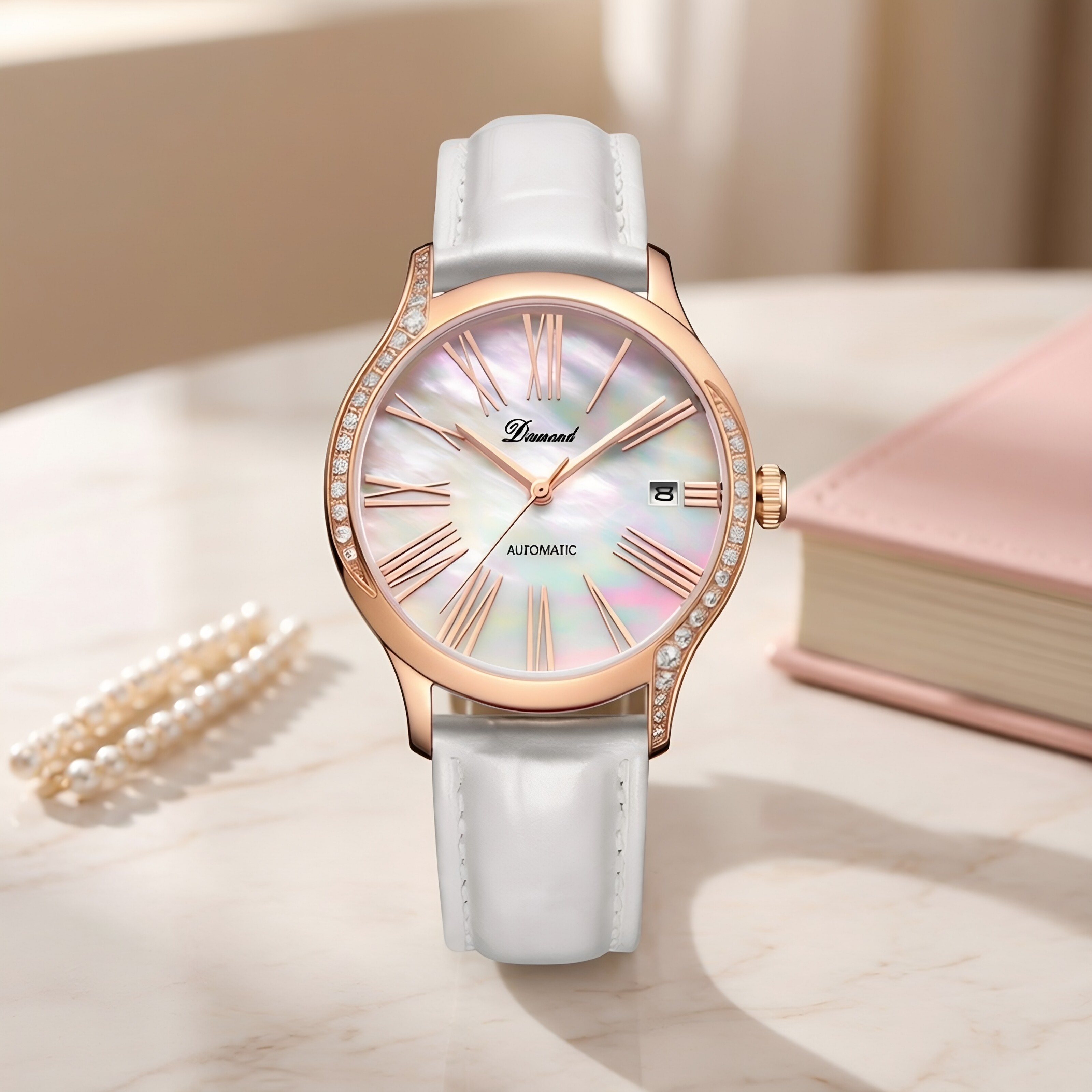 上海钻石牌女孩手表女士玫瑰金机械表简约时尚透底贝母壳表盘腕表