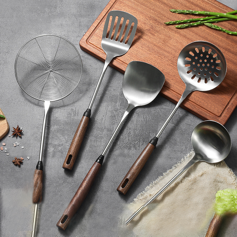 日本进口MUJ不锈钢锅铲家用炒菜铲胡桃木手柄铁锅铲汤勺厨具套装