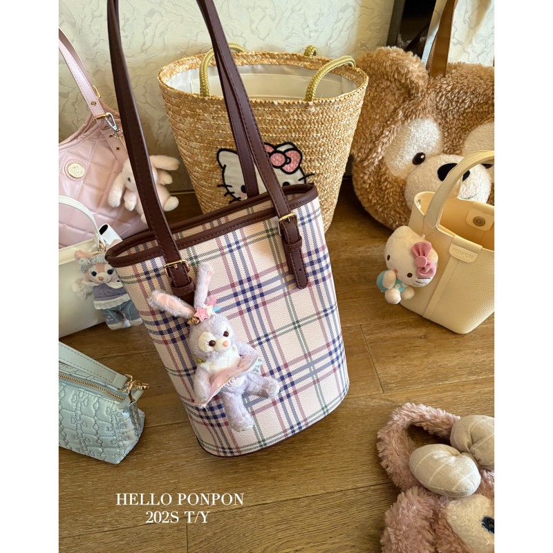 原创自制新品格纹水桶包平板乖巧单肩包软皮气质上班通勤托特包