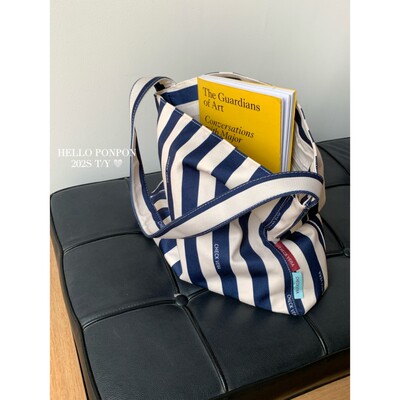 韩风新品自制条纹大容量休闲帆布包松弛感上班电脑包通勤托特包