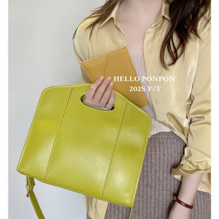 韩系新品 自制简约软皮通勤手提包绿色单肩包托特休闲公文斜挎包女