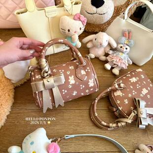 原创新品可爱小兔熊碎花波士顿蝴蝶结小巧手提包高级棕色斜挎包女