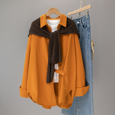 黄色纯棉磨毛衬衫外套女休闲宽松