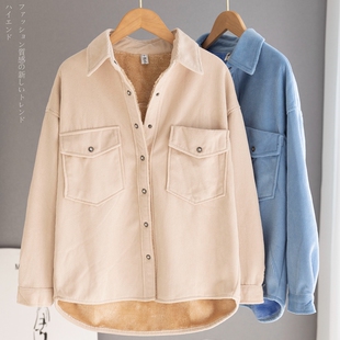 外贸出口高端加绒加厚灯芯绒衬衫女宽松显瘦米白色保暖衬衣外套