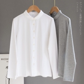 女长袖 出口外贸高端女装 小圆领白色针织纯棉白衬衫 娃娃领上衣职业