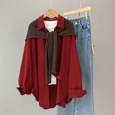 酒红色加厚纯棉披肩衬衫女