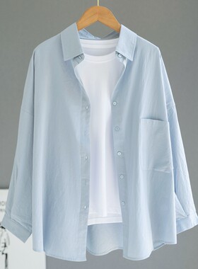 纯棉浅蓝色衬衫女薄款外套