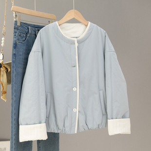 浅蓝色圆领棉衣女小个子短款 独特巨好看保暖棉服洋气宽松夹棉外套