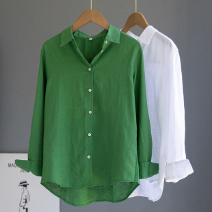 绿色亚麻衬衫 独特漂亮上衣外套 女高级感轻奢减龄洋气衬衣打底衫