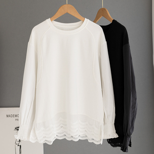 设计感小众蕾丝拼接纯棉白T恤女长袖 宽松休闲高级感上衣打底衫